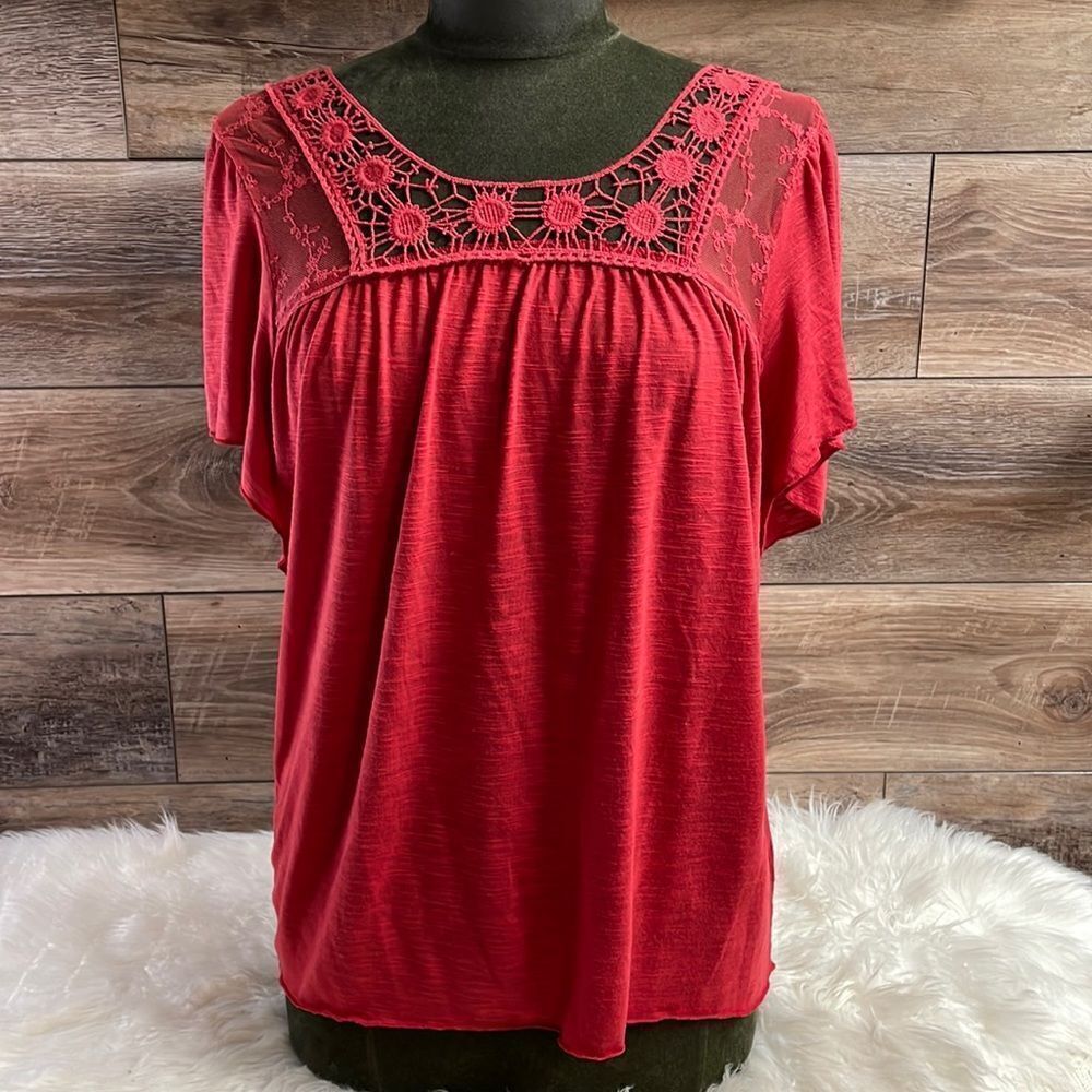 LDLA Women’s Floral Crocheted Lace Neckline  Top Short Sleeves Cottagecore Sz S